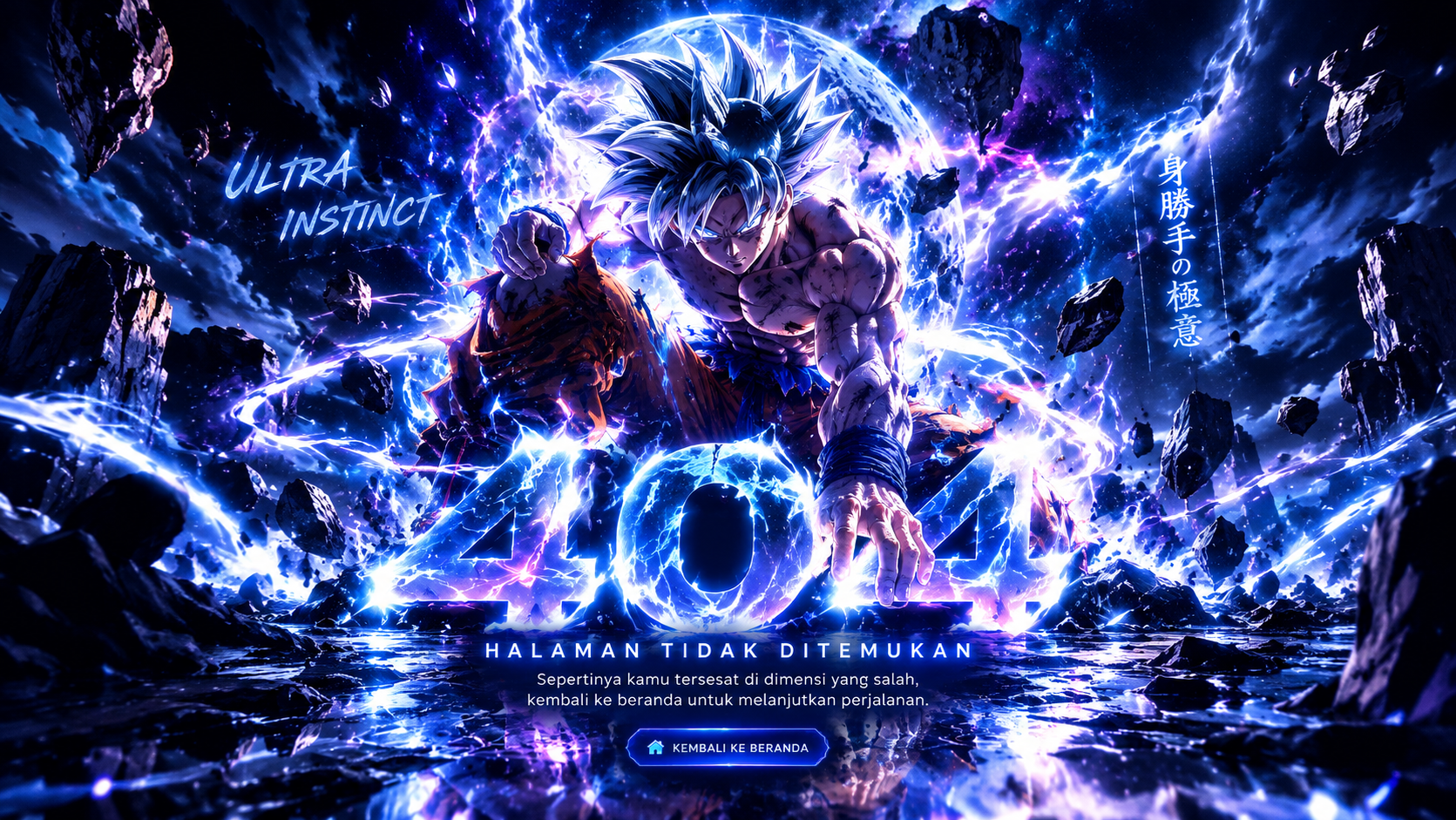 Ilustrasi anime prajurit Ultra Instinct dengan aura biru dan ungu